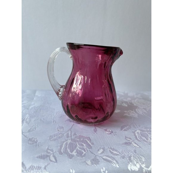 Vtg Pilgrim Cranberry Hand Blown Glass Applied Handle Creamer Pitcher - Picture 5 of 6
